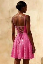 Gemma Fuchsia Glitter Mini Dress - Sparkly Lace-Up Party Gown
