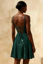 Gemma Glitter Mini Dress Emerald Green - Lace Up Party Dress