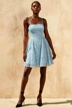 Gemma Light Blue Glitter Mini Dress | Lace-Up Sequin Gown