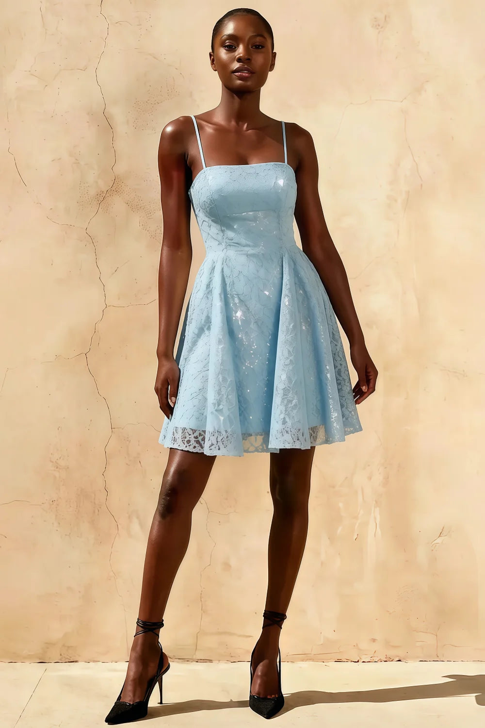 Gemma Light Blue Glitter Mini Dress | Lace-Up Sequin Gown