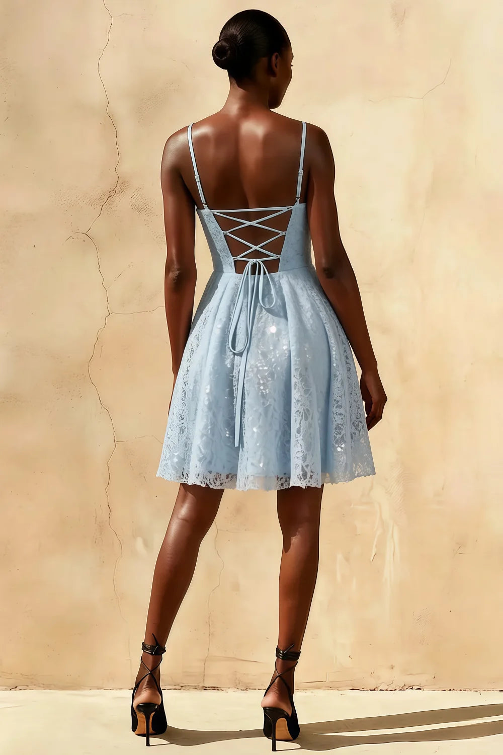 Gemma Light Blue Glitter Mini Dress | Lace-Up Sequin Gown