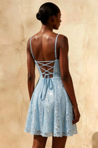 Gemma Light Blue Glitter Mini Dress | Lace-Up Sequin Gown