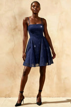 Gemma Navy Glitter Mini Dress - Lace-Up Back Sequin Party Gown