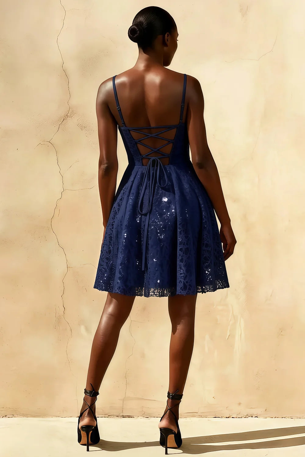 Gemma Navy Glitter Mini Dress - Lace-Up Back Sequin Party Gown