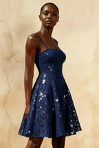 Gemma Navy Glitter Mini Dress - Lace-Up Back Sequin Party Gown