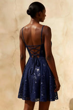 Gemma Navy Glitter Mini Dress - Lace-Up Back Sequin Party Gown