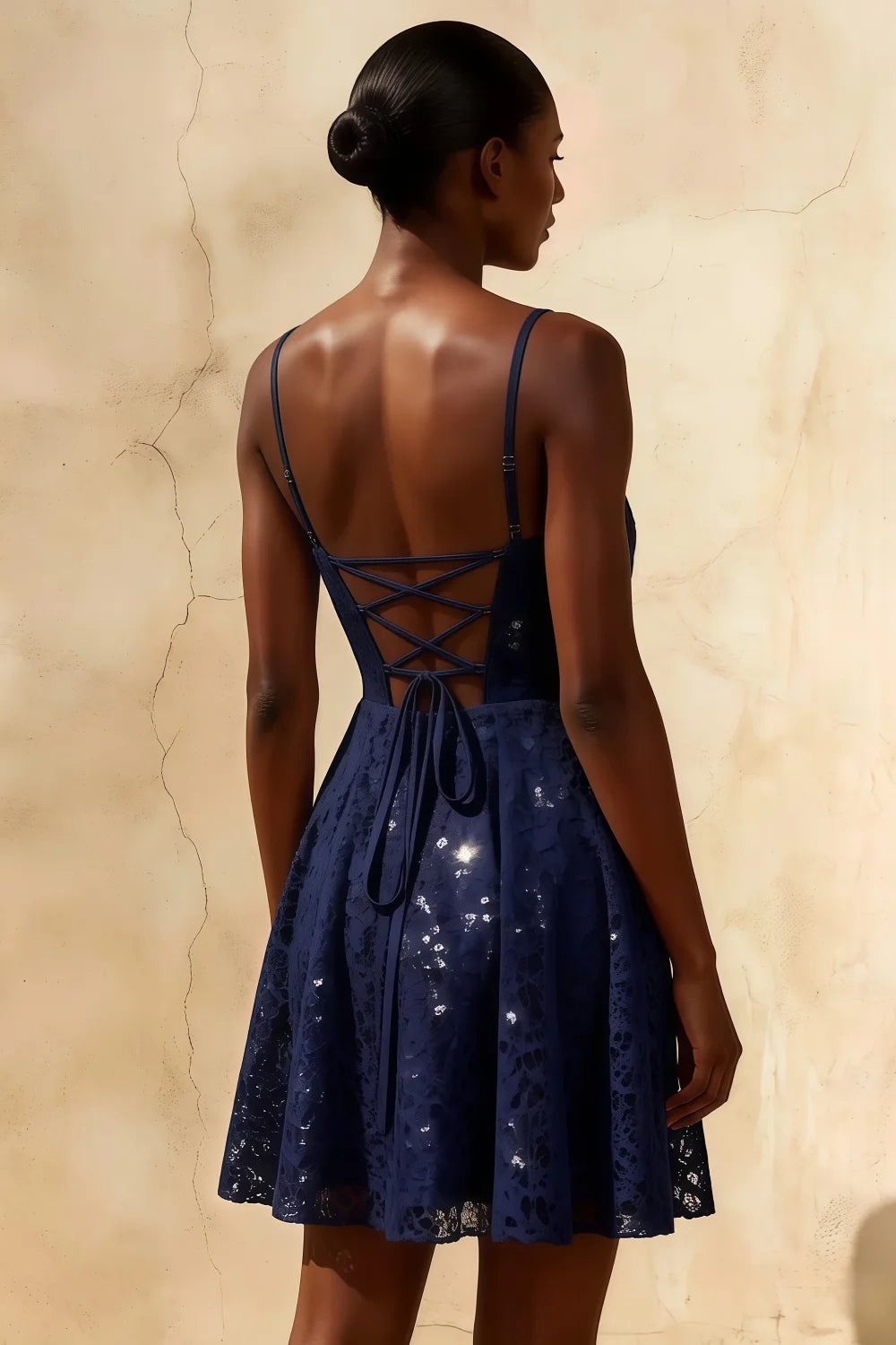 Gemma Navy Glitter Mini Dress - Lace-Up Back Sequin Party Gown