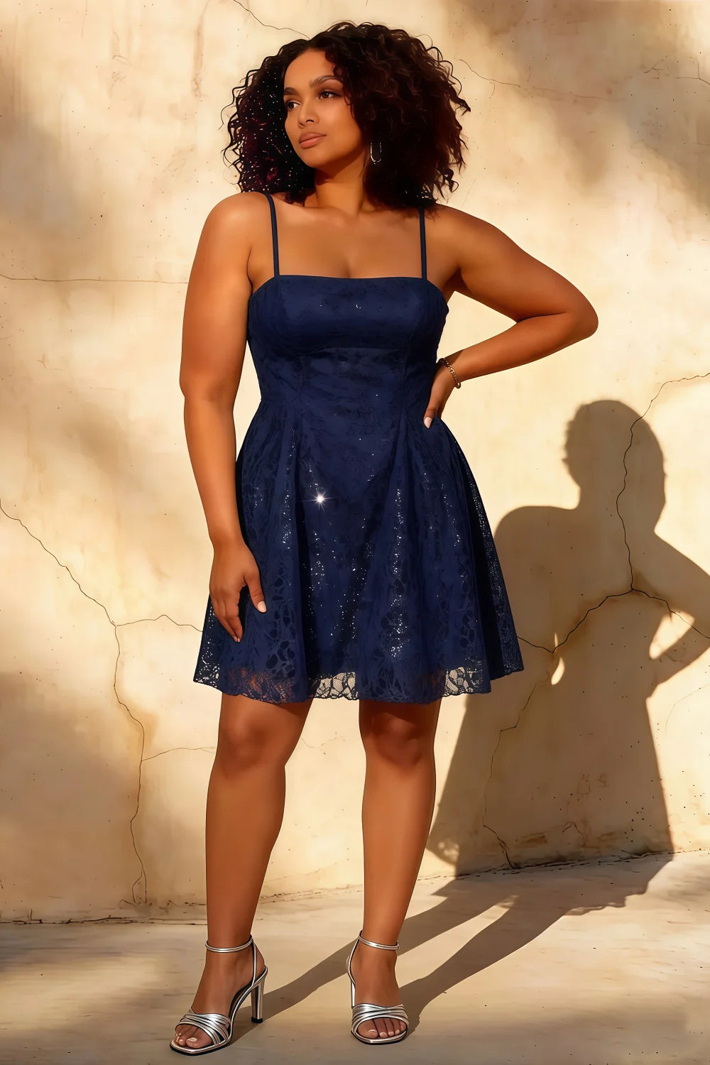 Gemma Navy Glitter Mini Dress - Lace-Up Back Sequin Party Gown