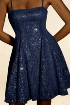 Gemma Navy Glitter Mini Dress - Lace-Up Back Sequin Party Gown