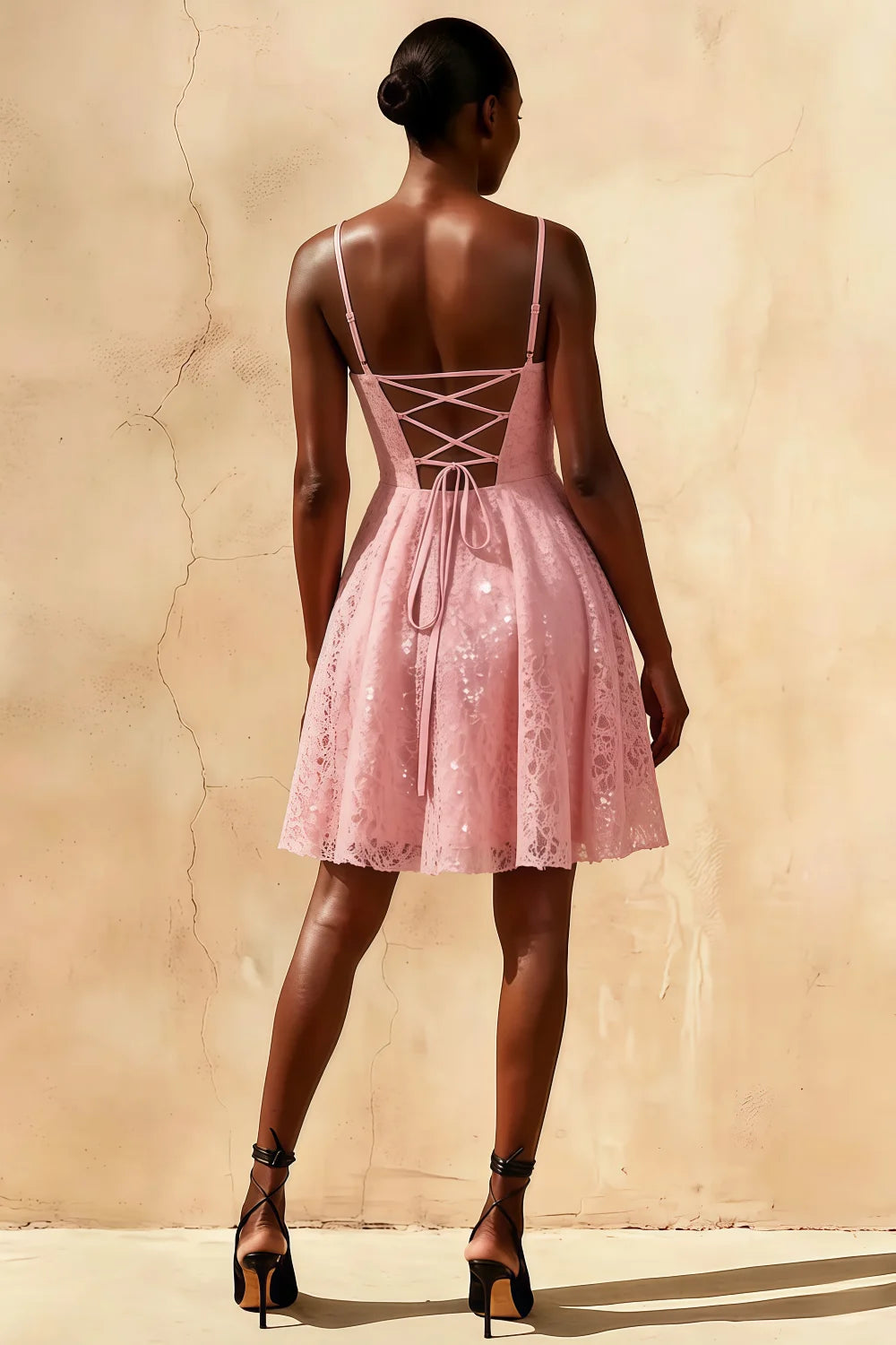 Gemma Pink Glitter Mini Dress | Sequin Lace-Up Homecoming Dress Secondary image