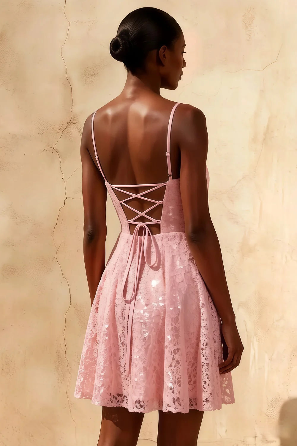 Gemma Pink Glitter Mini Dress | Sequin Lace-Up Homecoming Dress