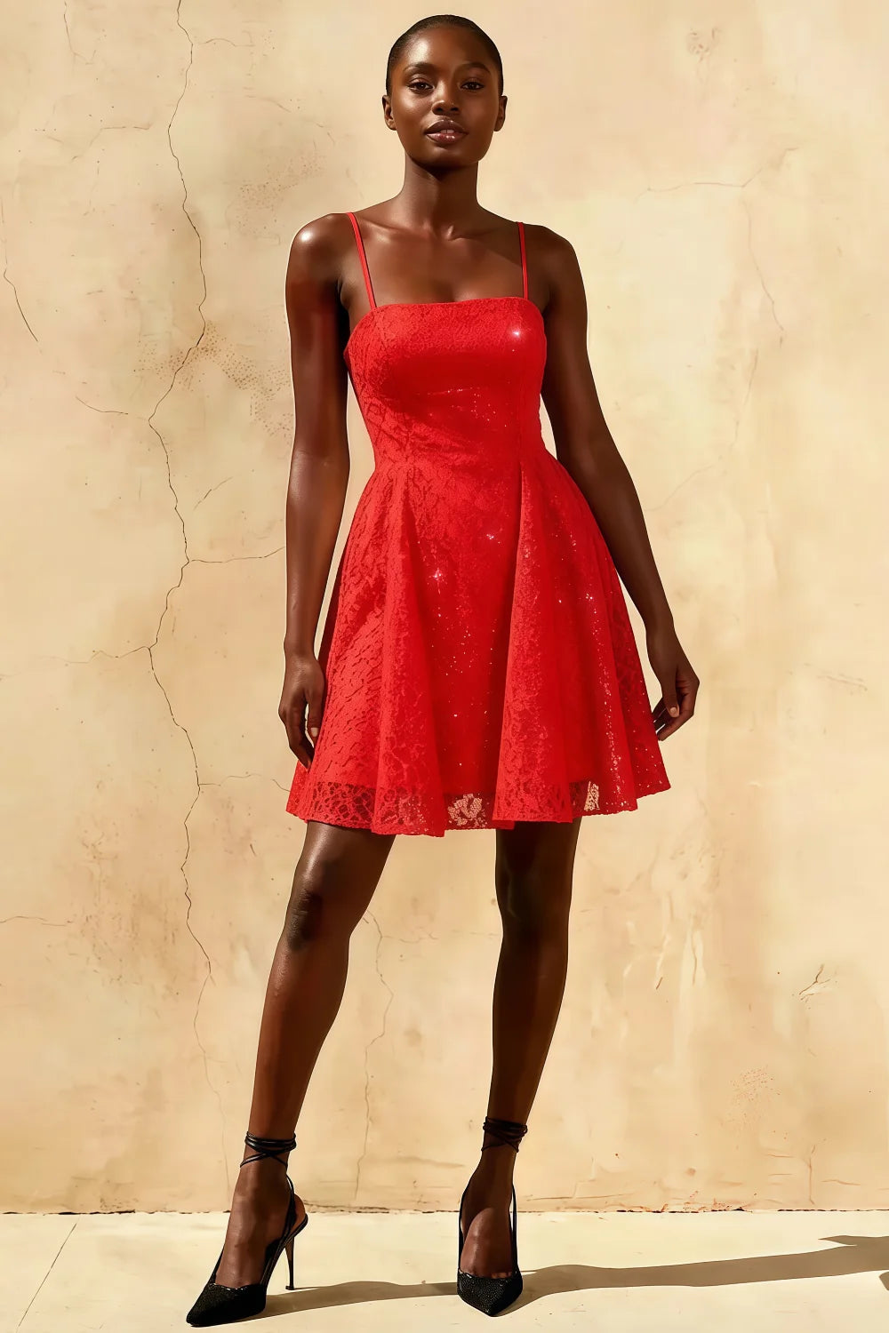 Gemma Red Glitter Mini Dress | Sparkly Lace A-Line Party Gown