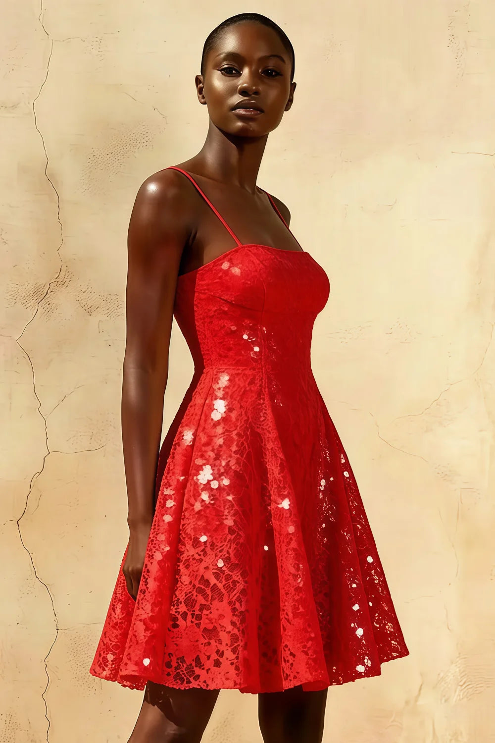 Gemma Red Glitter Mini Dress | Sparkly Lace A-Line Party Gown