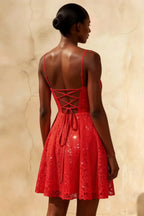 Gemma Red Glitter Mini Dress | Sparkly Lace A-Line Party Gown