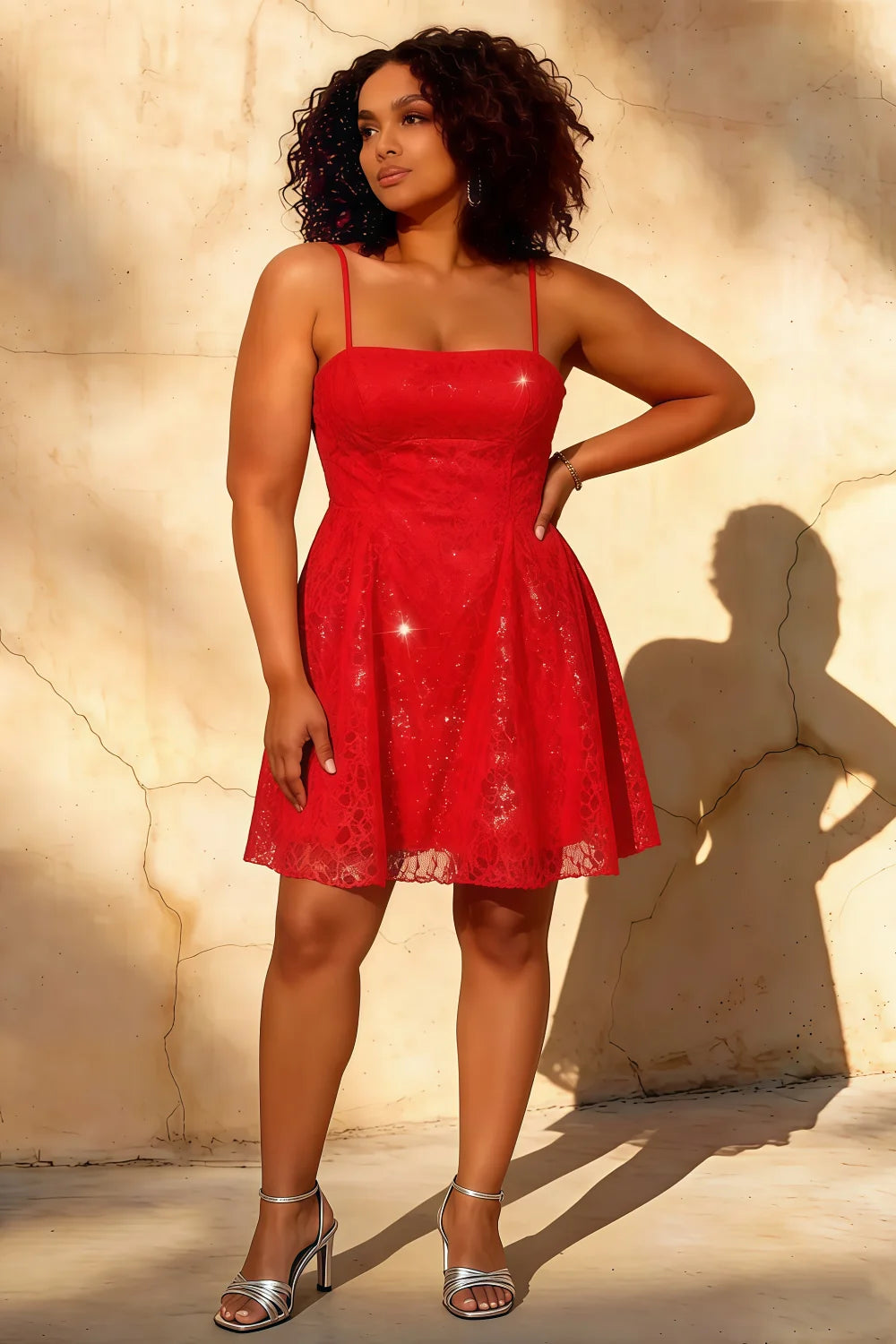 Gemma Red Glitter Mini Dress | Sparkly Lace A-Line Party Gown