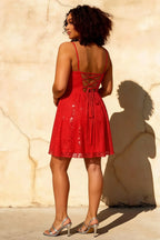 Gemma Red Glitter Mini Dress | Sparkly Lace A-Line Party Gown