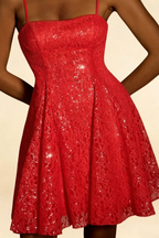 Gemma Red Glitter Mini Dress | Sparkly Lace A-Line Party Gown