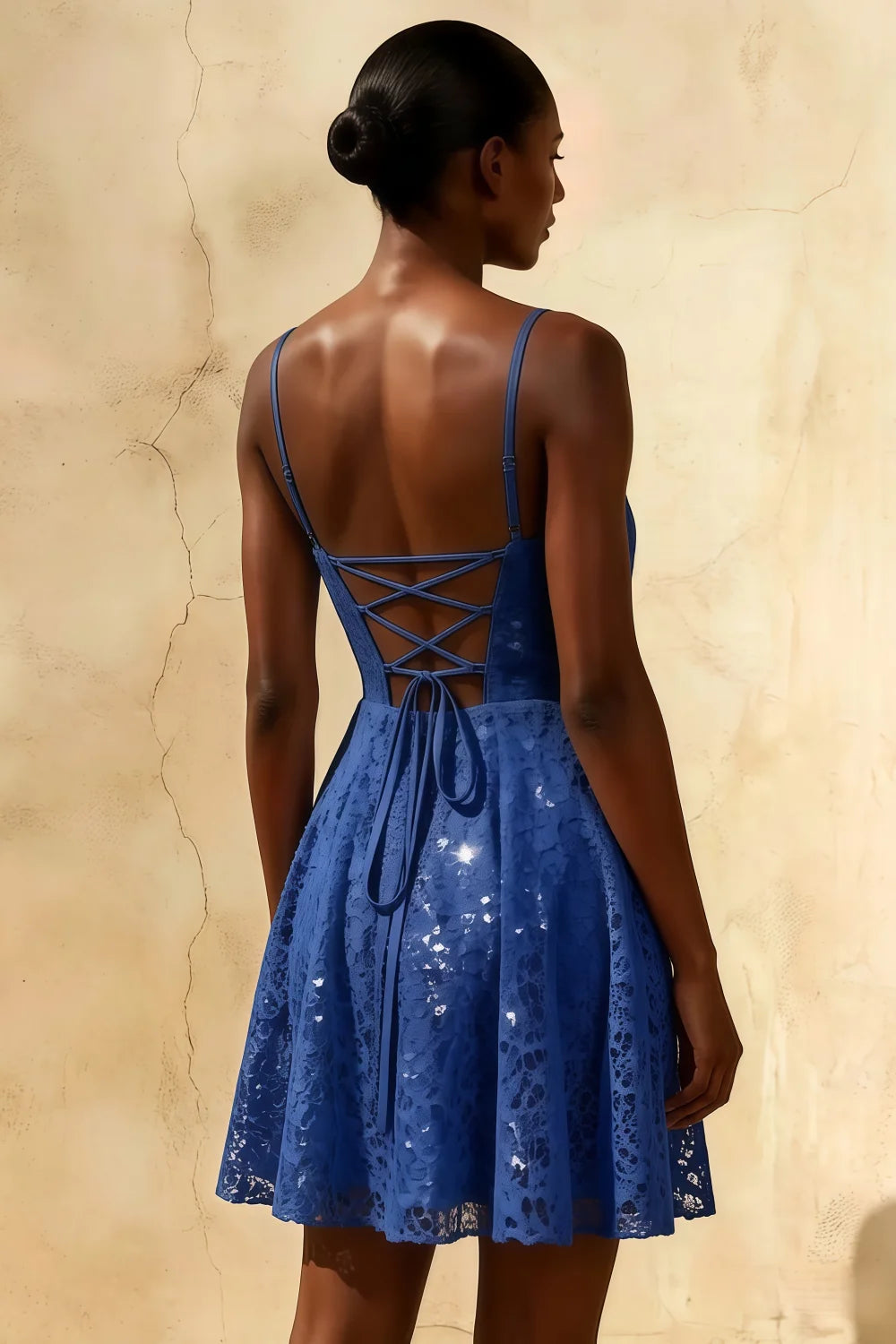 Royal Blue Glitter Mini Dress - Gemma Lace-Up Back Mini Dress
