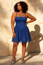 Royal Blue Glitter Mini Dress - Gemma Lace-Up Back Mini Dress