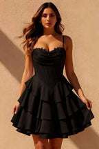 Genevieve Black Ruffle Mini Dress | Corset Bodice Party Gown