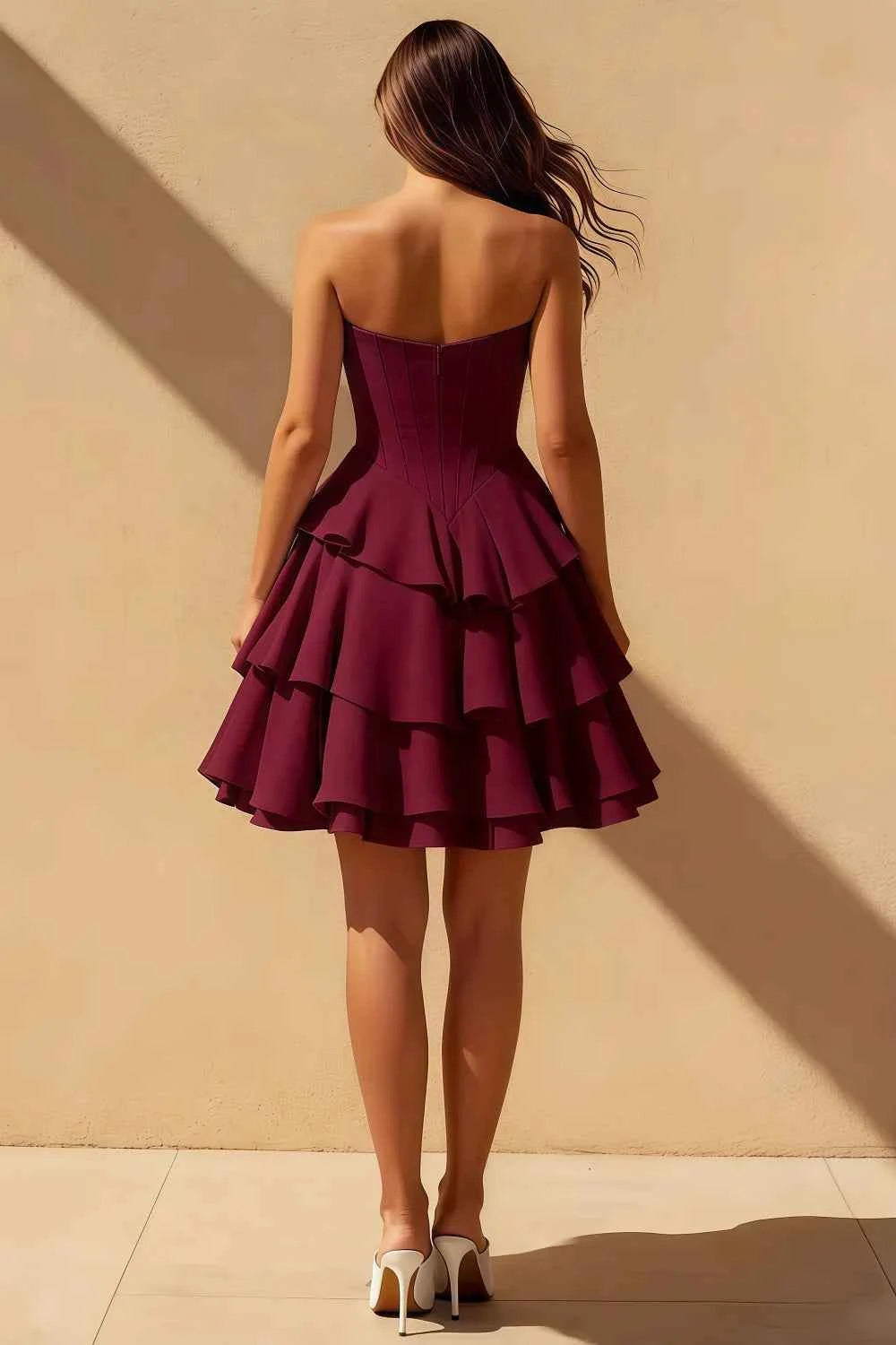 Genevieve Burgundy Ruffle Mini Dress | Corset Tiered Party Dress Secondary image