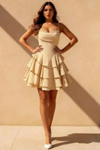 Genevieve Champagne Strapless Ruffle Mini Dress
