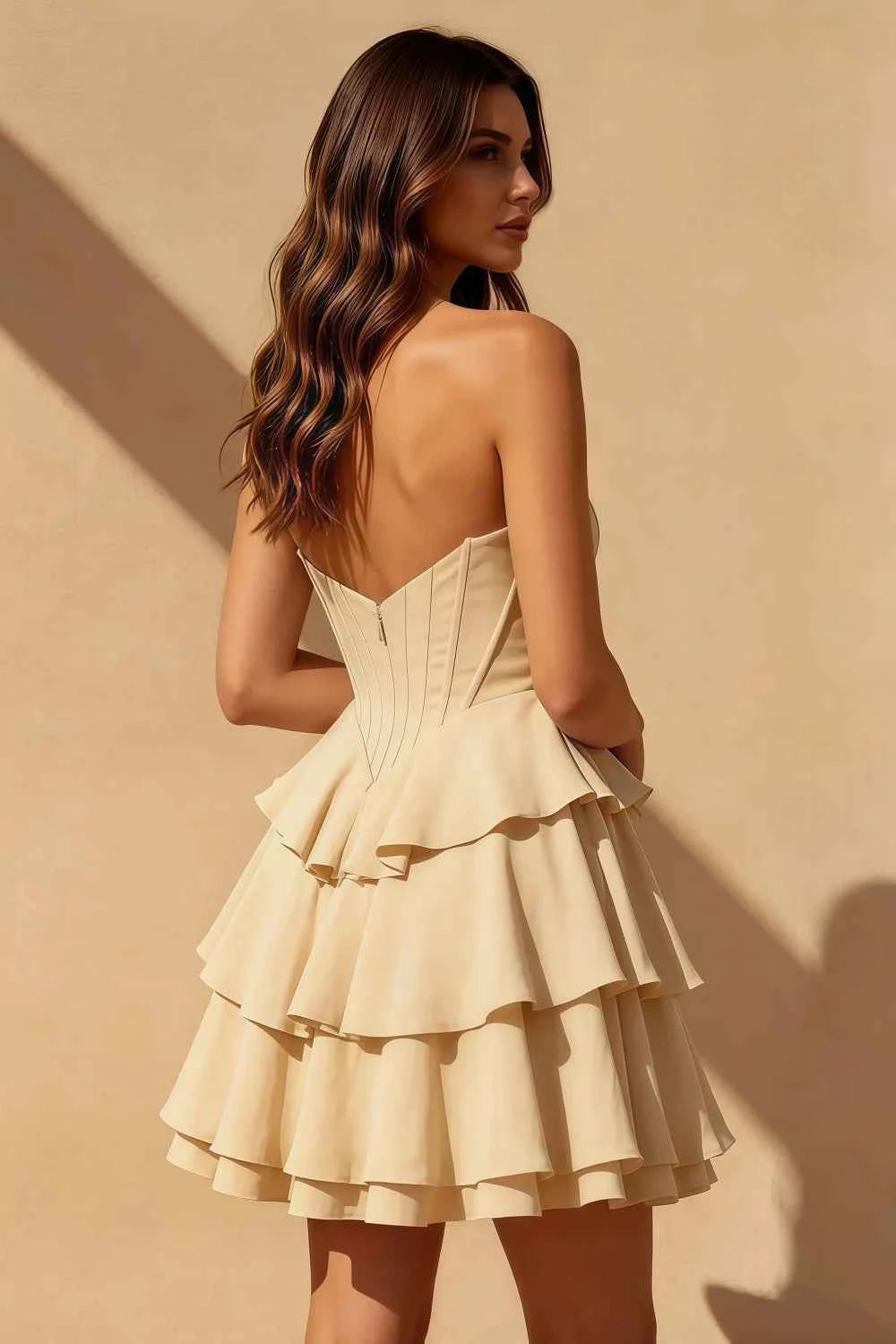 Genevieve Champagne Strapless Ruffle Mini Dress