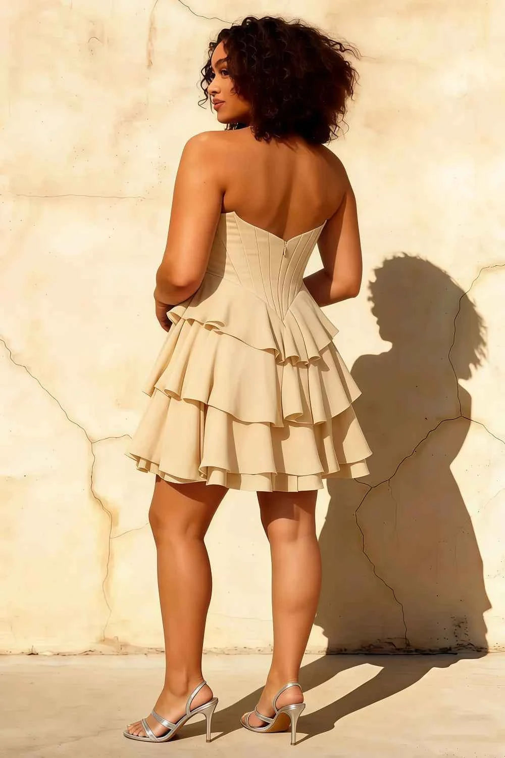 Genevieve Champagne Strapless Ruffle Mini Dress