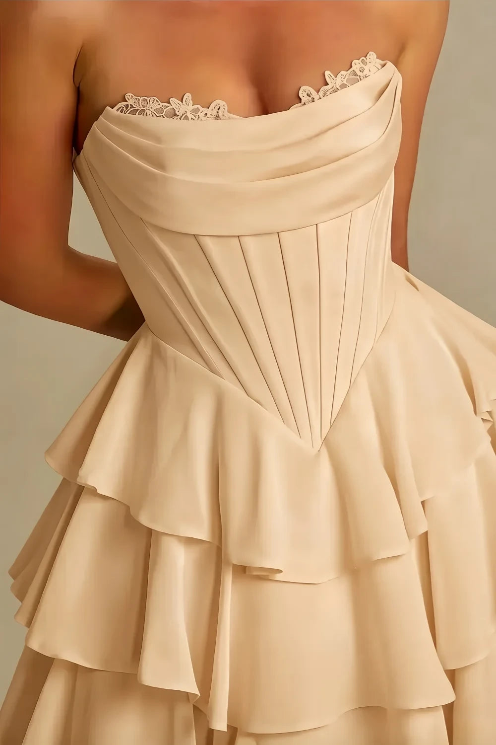 Genevieve Champagne Strapless Ruffle Mini Dress