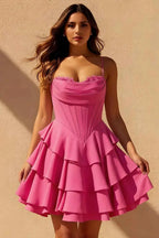 Genevieve Hot Pink Ruffled Mini Dress | Corset Tiered Party Dress