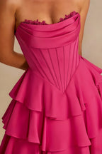 Genevieve Hot Pink Ruffled Mini Dress | Corset Tiered Party Dress