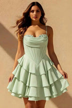 Genevieve Mint Green Corset Mini Ruffle Dress