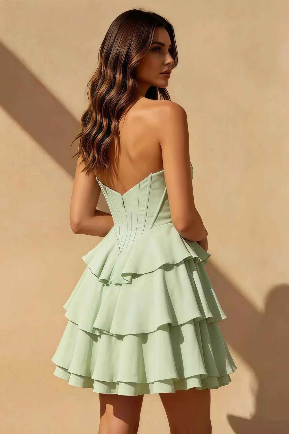 Genevieve Mint Green Corset Mini Ruffle Dress
