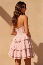 Genevieve Pink Ruffle Mini Dress - Romantic Corset Homecoming Gown