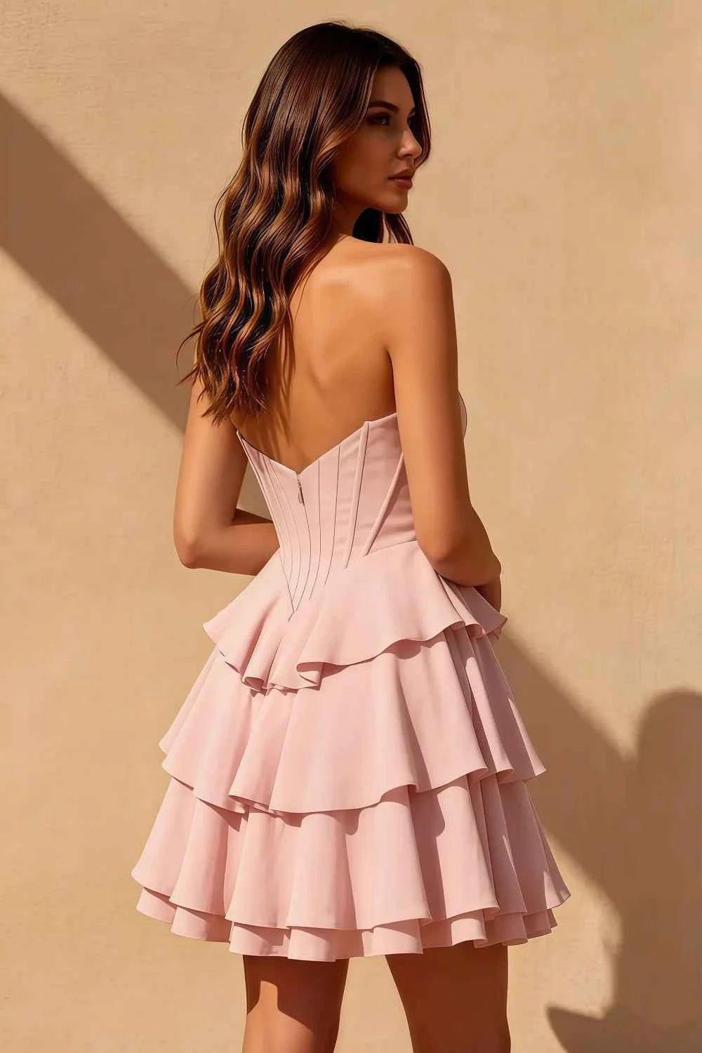 Genevieve Pink Ruffle Mini Dress - Romantic Corset Homecoming Gown