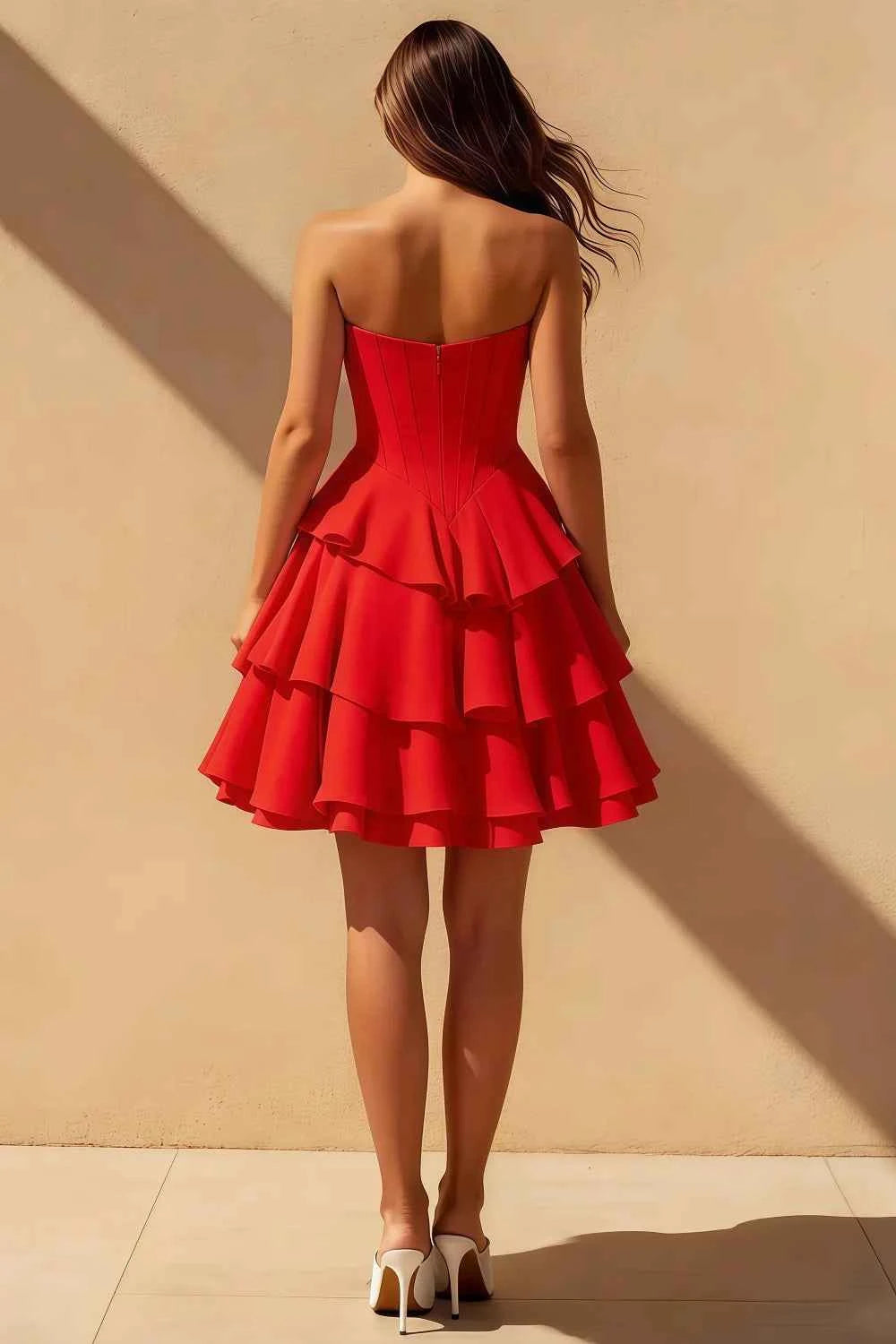 Genevieve Red Ruffle Mini Dress - Romantic Tiered Prom Gown Secondary image