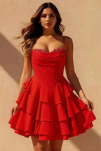 Genevieve Red Ruffle Mini Dress - Romantic Tiered Prom Gown