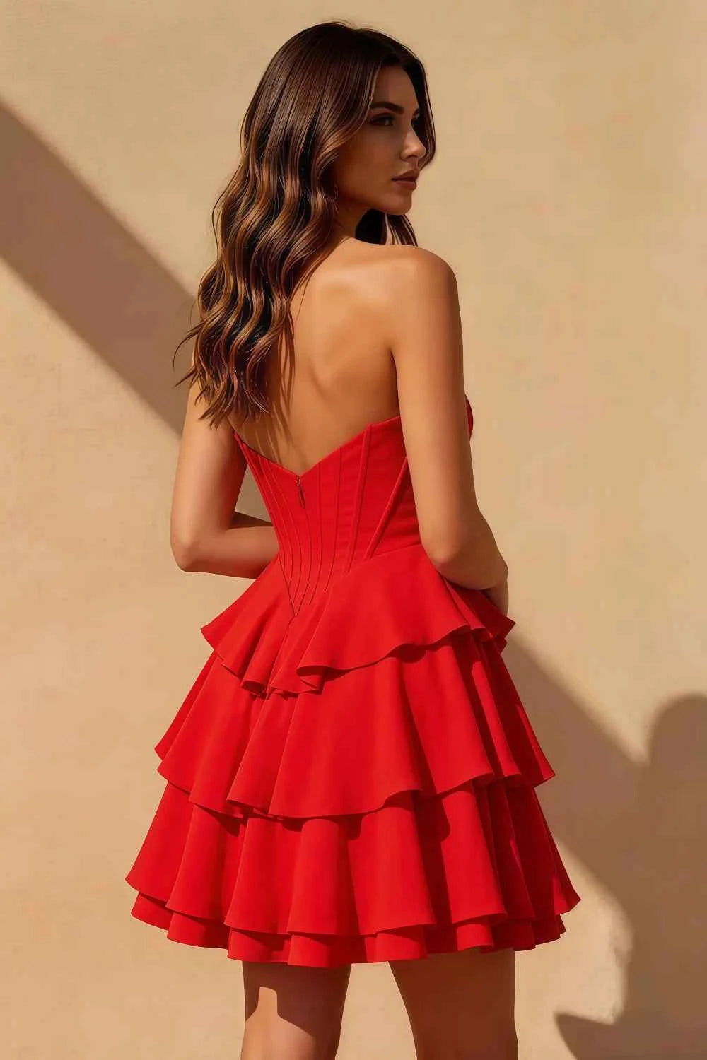 Genevieve Red Ruffle Mini Dress - Romantic Tiered Prom Gown