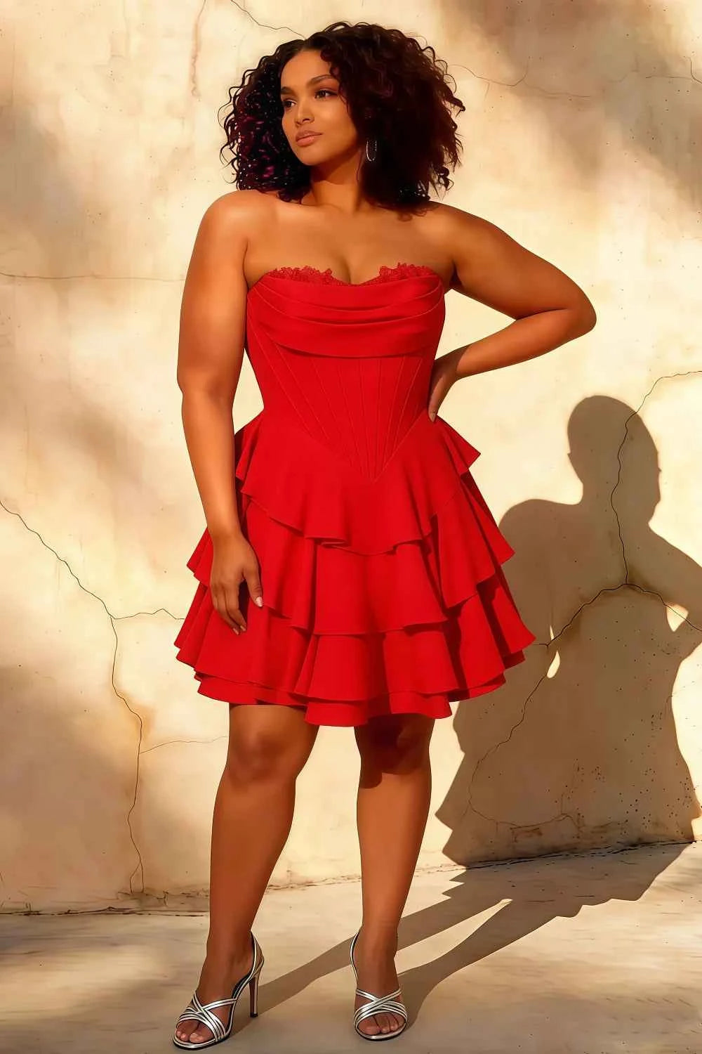 Genevieve Red Ruffle Mini Dress - Romantic Tiered Prom Gown