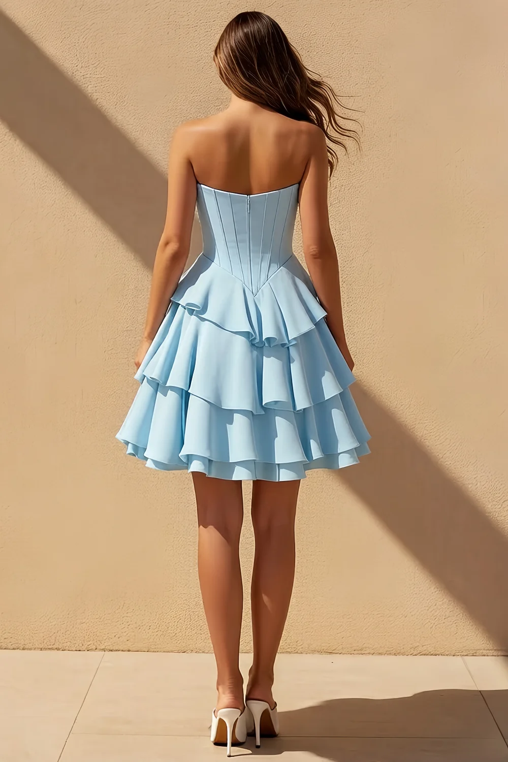 Genevieve Sky Blue Ruffle Mini Dress with Detachable Straps