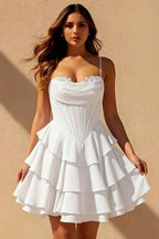 Genevieve White Ruffle Mini Dress | Tiered Corset Party Dress