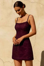 Georgia Burgundy Beaded Mini Spaghetti Strap Dress