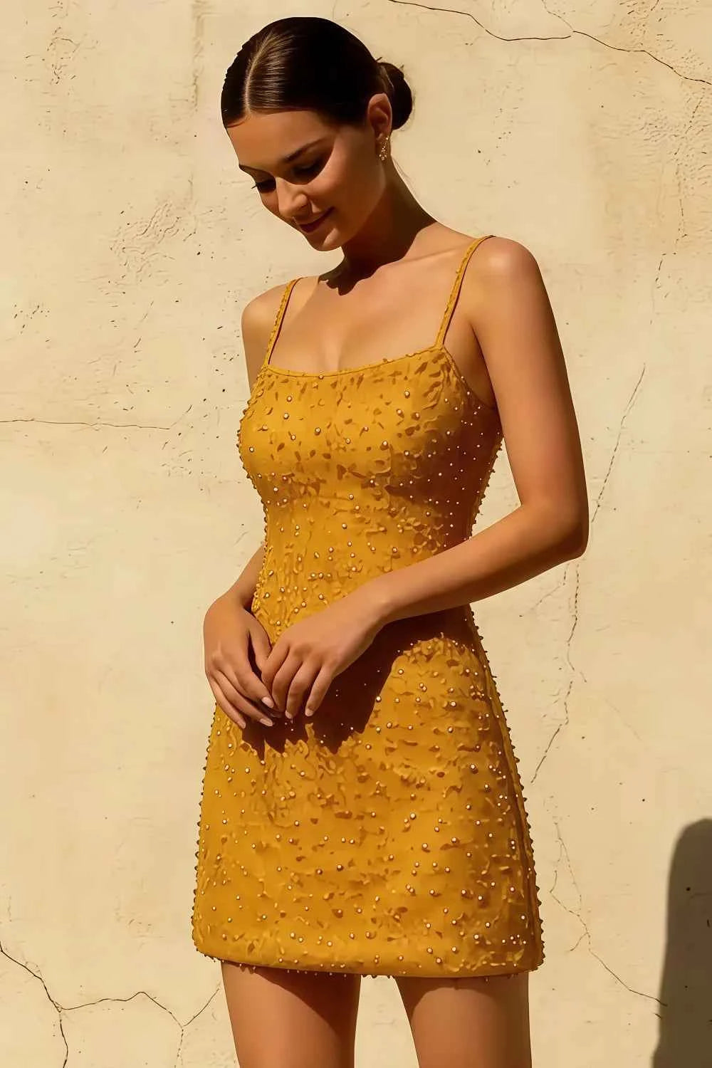 Georgia Gold Mini Dresses With Spaghetti Straps | Party Wear