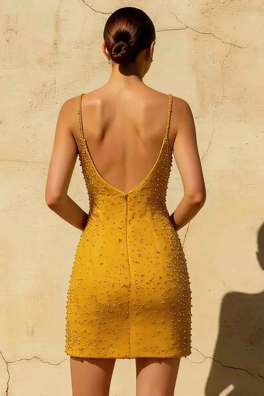 Georgia Gold Mini Dresses With Spaghetti Straps | Party Wear