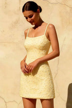 Georgia Light Yellow Pearl Mini Dress with Spaghetti Straps