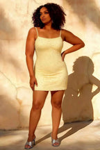 Georgia Light Yellow Pearl Mini Dress with Spaghetti Straps