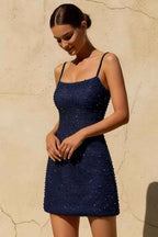 Georgia Navy Pearl Spaghetti Strap Bodycon Mini Dress