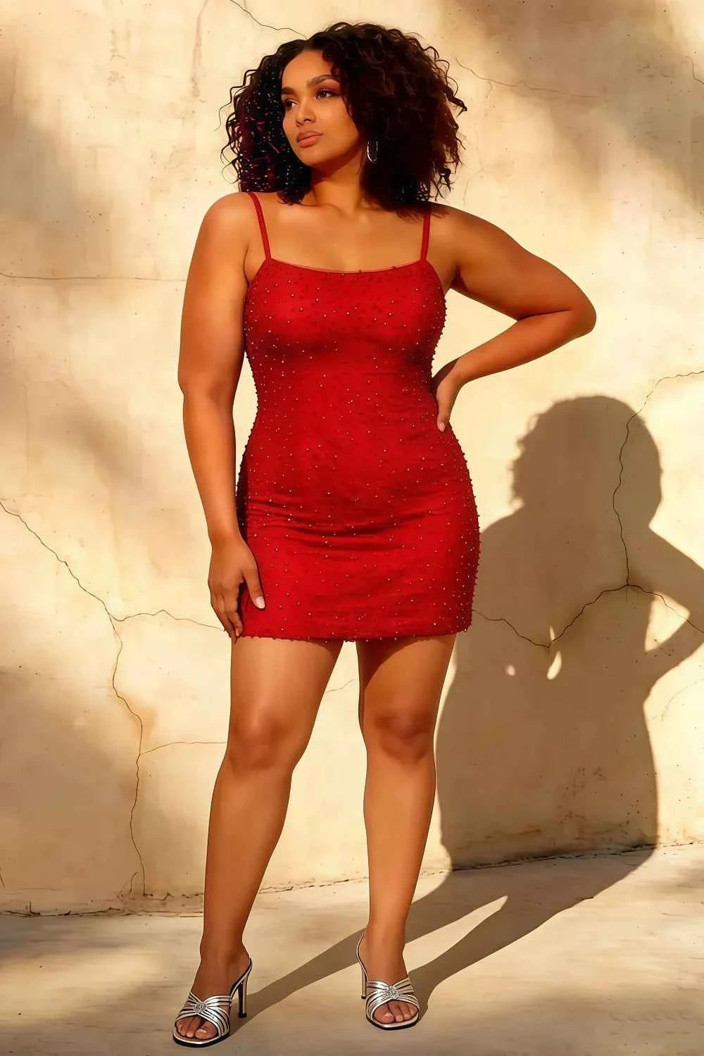 Red Spaghetti Strap Mini Dress - Georgia Red Pearl Mini Dress