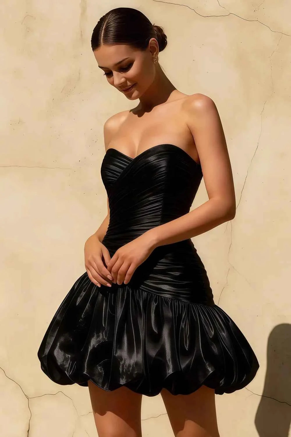 Geraldine Black Satin Pleated Mermaid Mini Party Dress