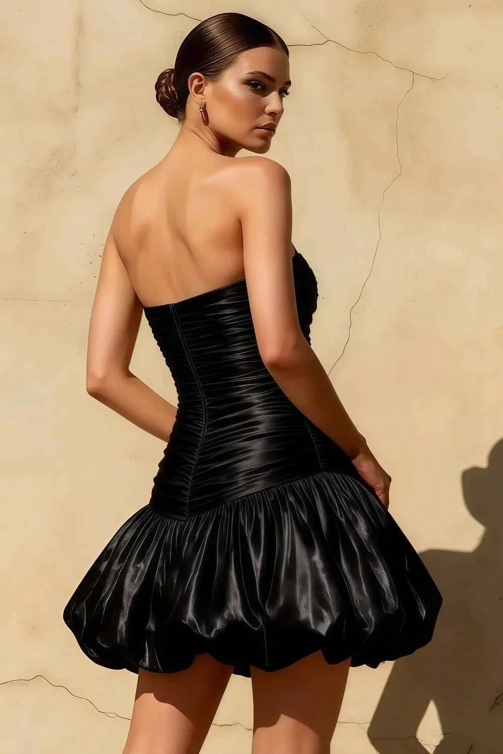 Geraldine Black Satin Pleated Mermaid Mini Party Dress